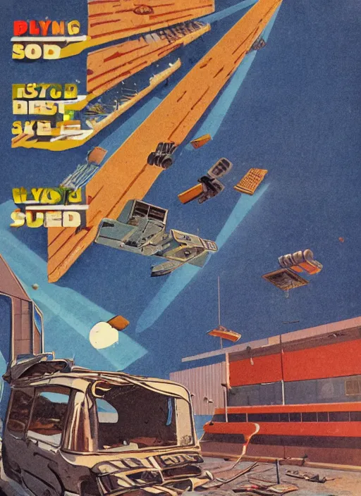 Prompt: Flying loaf of bread and flying toaster, interior of deserted derelict space station, 60s sci-fi book cover