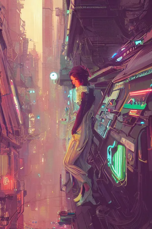 Image similar to futuristic cyberpunk, streets of calcutta , tram, sci-fi, fantasy, intricate, very very beautiful, elegant, neon light, highly detailed, digital painting, artstation, concept art, smooth, sharp focus, illustration, art by alphonse mucha and tian zi and WLOP