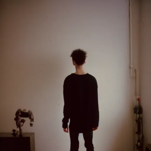 Image similar to kodak portra 4 0 0 photograph of a skinny guy wearing big black sweater standing in cluttered 9 0 s bedroom, back view!, moody lighting, telephoto, 9 0 s vibe, blurry background, vaporwave colors!, faded!,