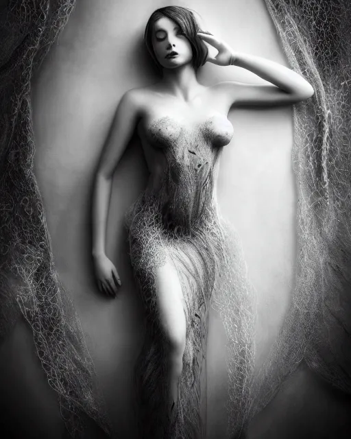 Image similar to surreal mythical dreamy dark artistic black and white fine art photo of a beautiful young female angel - mermaid - cyborg covered with translucent algae lace web, rim light, cinematic, studio dramatic light, poetic, octane render, 8 k, photo - realistic, by floria sigismondi