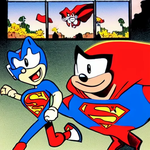 Prompt: superman punching sonic the hedge hog