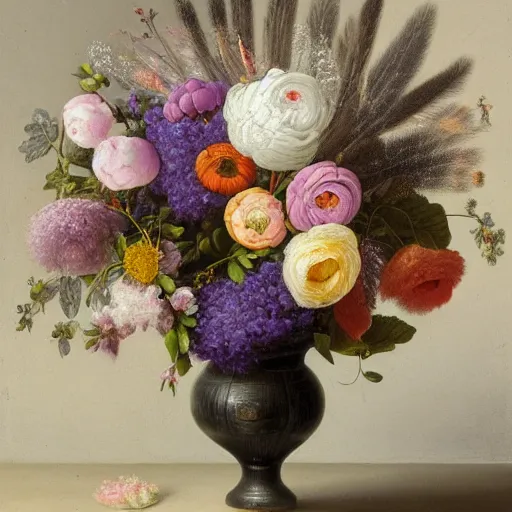 Image similar to still - life of bouquet of lilac and ranunculus with honeycomb bees and birds feathers, rachel ruysch, dark, moody