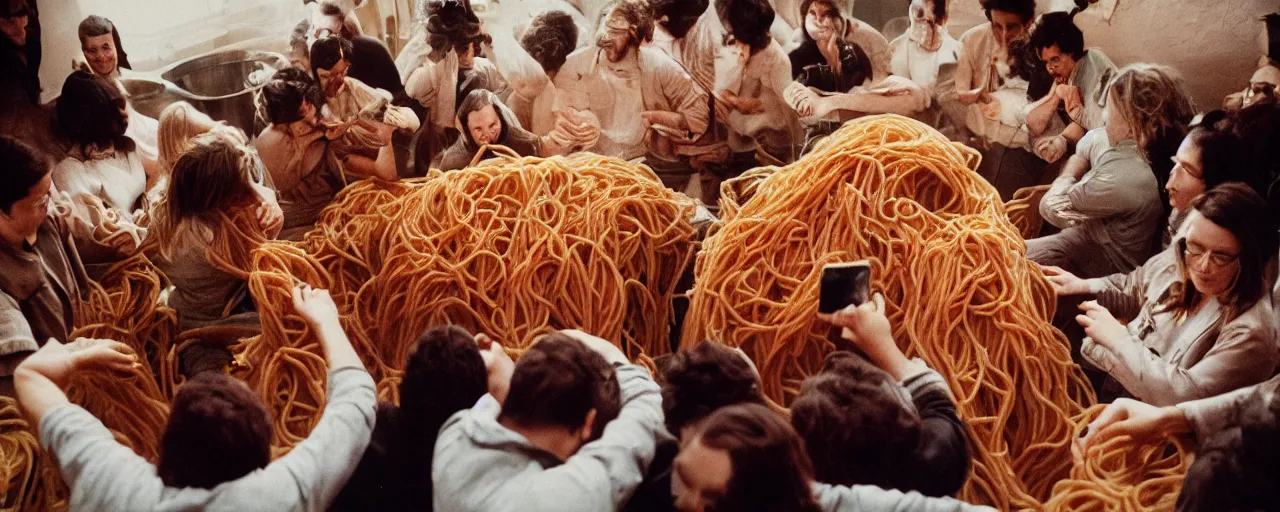 Image similar to a group of people inside a giant bowl of spaghetti, trying to get out, canon 5 0 mm, cinematic lighting, photography, retro, film, kodachrome