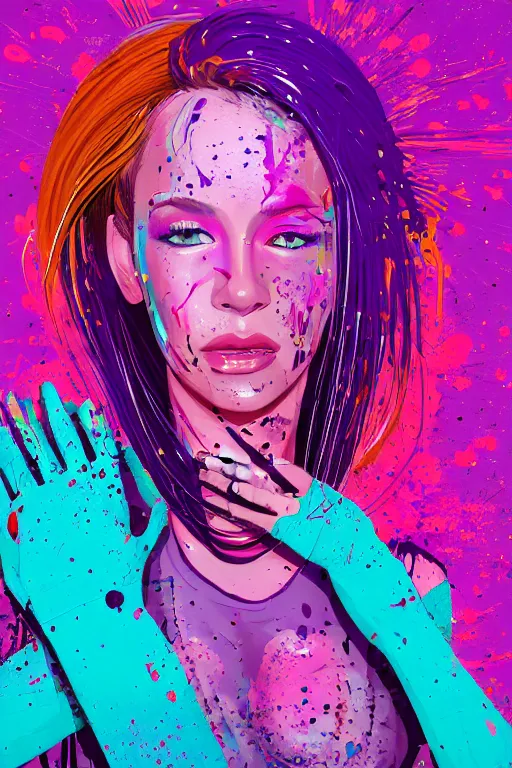 Image similar to a award winning half body portrait of a beautiful woman in a croptop and cargo pants with ombre purple pink teal hairstyle and hands in pockets by ari liloan, surrounded by whirling illuminated lines, paint splashes and splatter, outrun, vaporware, shaded flat illustration, digital art, trending on artstation, highly detailed, fine detail, intricate