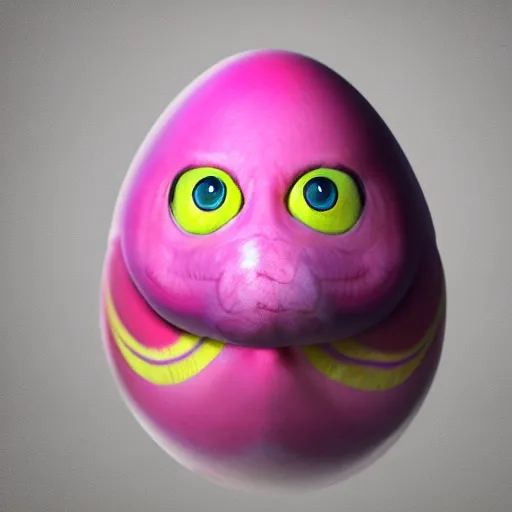 Image similar to an egg with a magenta eye and two heads. one head is a snake and the other head is a chicken and there are big furry muscular legs, 4k, trending on artstation