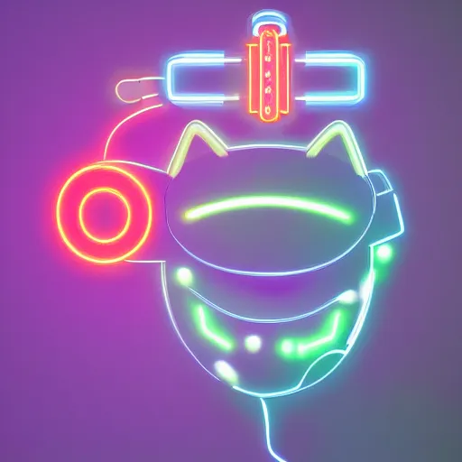 Image similar to a half robot cat wearing a hat, outlined by whirling illuminated neon lines, outrun, vaporware, shaded flat illustration, digital art, trending on artstation, highly detailed, fine detail, intricate