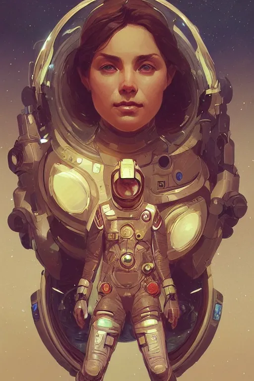Image similar to portrait of a space explorer, D&D, fantasy, intricate, highly detailed, digital painting, artstation, concept art, smooth, sharp focus, illustration, art by artgerm and greg rutkowski and alphonse mucha