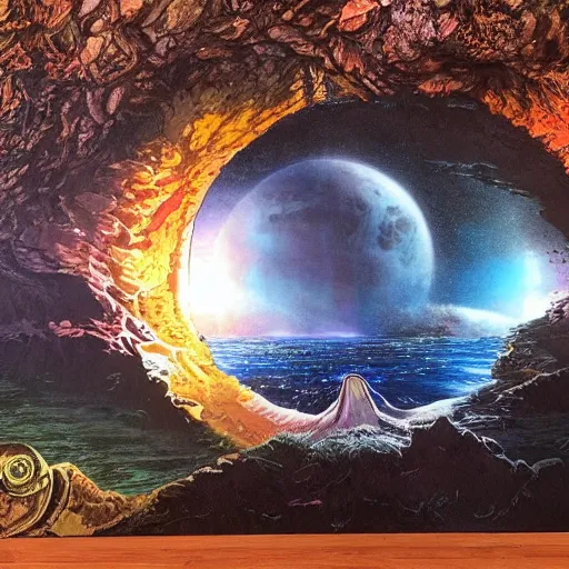 Image similar to highly detailed, intricate beautifully stunning picture of a cosmic exhibition in the middle of a keyhole portal overlooking the ocean, stunning atmosphere, huge prismatic glowing moon, matte painting by Dan Mumford, Dan Witz and Dan Seagrave