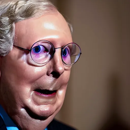 Image similar to the melting slimy face of villain mitch mcconnell. horror film photograph.