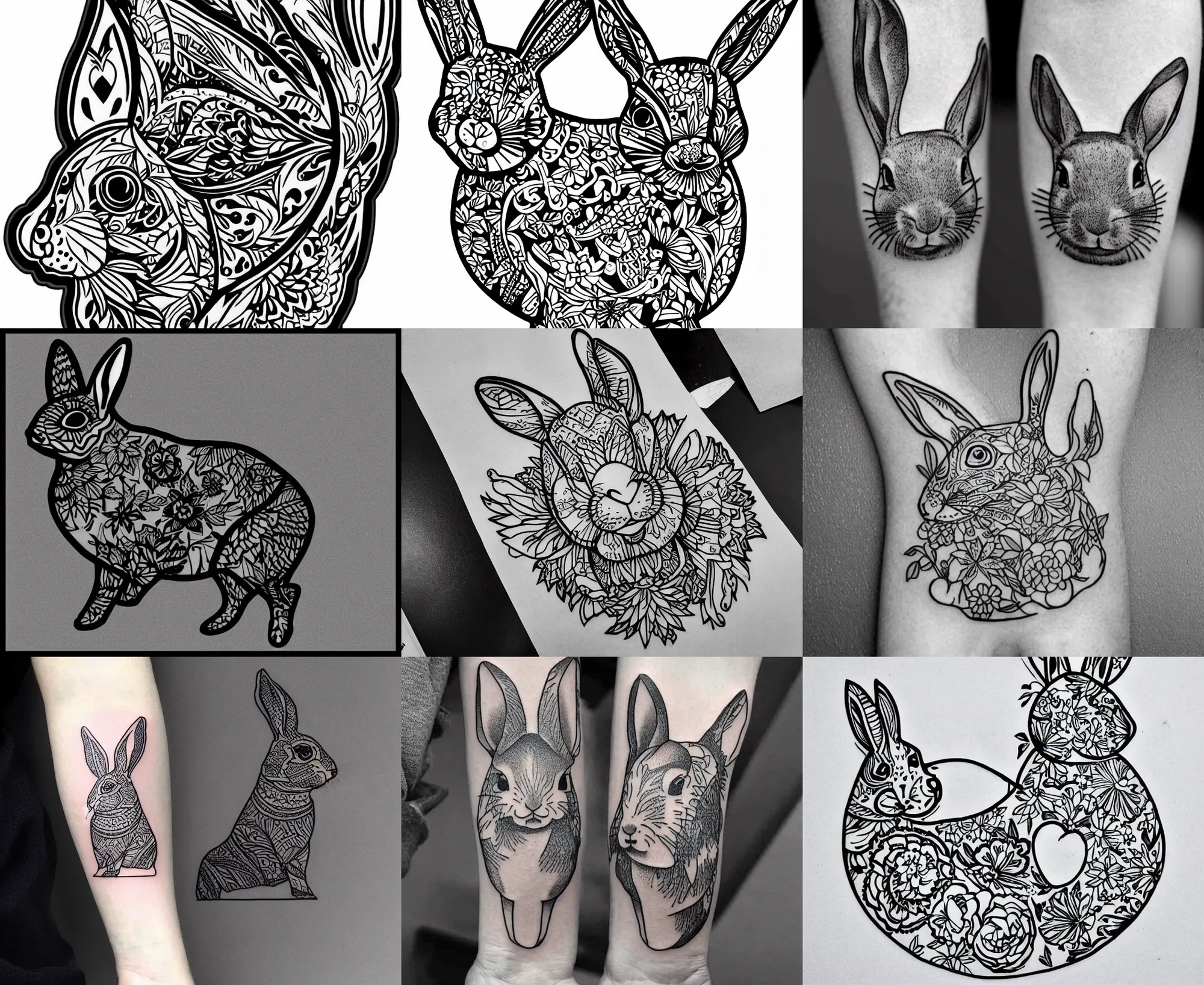 Prompt: well - detailed tattoo stencil of a full body rabbit, bold strong lines floral motif