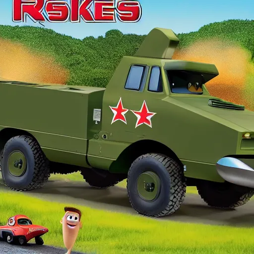 Image similar to HIMARS with rockets, Cars Pixar movie style, detailed, green