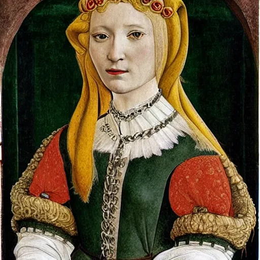 Image similar to portrait of a white labrododdle dressed as an italian queen, painting by botticelli, 1 4 8 0 s