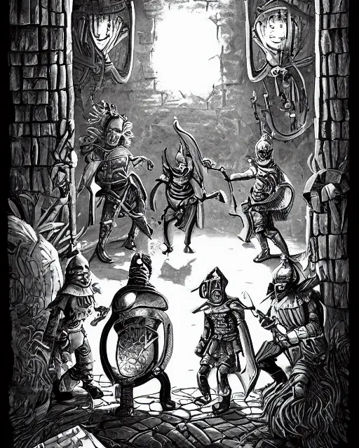 Prompt: four adventurers in a dungeon, hiding from a beholder. black and white, retro fantasy illustration