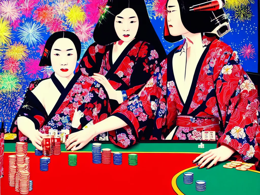 Image similar to hyperrealistic composition of the detailed woman in a japanese kimono sitting at a poker table with detailed darth vader, fireworks, beautiful mountain in the background, pop - art style, jacky tsai style, andy warhol style, acrylic on canvas