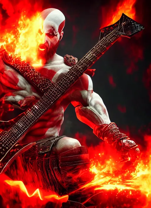 Prompt: red facial stripe armored screaming kratos rocking hard on a flaming stratocaster guitar, cinematic render, god of war 2 0 1 8, playstation studios official media, lightning, flames, clear, coherent, guitar, guitar, guitar