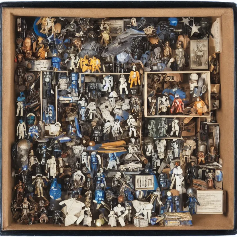 Image similar to a well - lit, detailed museum archive rich color photograph of a star wars memory box by joseph cornell, containing action figures, black and white photographs, and a star chart