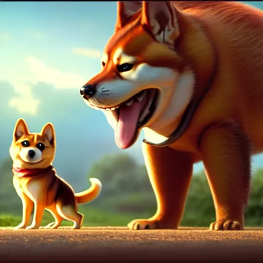 Image similar to weta disney pixar movie still photo of funny shiba inu giant sign that says bonk : : by weta, greg rutkowski, wlop, ilya kuvshinov, rossdraws, artgerm, octane render, iridescent, bright morning, anime, liosh, mucha : :