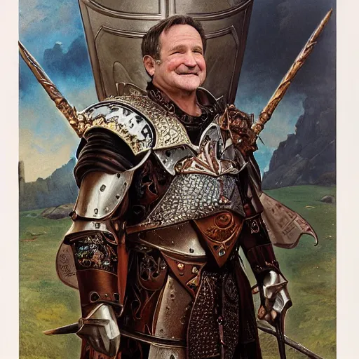 Image similar to an ultradetailed portrait of robin williams dressed as a fantasy holy paladin, carrying a large tower shield, d & d, fantasy, intricate, elegant, highly detailed, digital painting, matte, sharp focus, illustration, plate armor, god rays, art by john collier and albert aublet and krenz cushart and artem demura and alphonse mucha