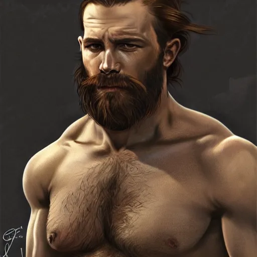 Image similar to portrait of a rugged ranger, muscular, upper body, hairy torso, detailed detailed detailed hands hands hands hands, D&D, fantasy, bare bare bare bare thighs thighs thighs intricate, elegant, highly detailed, digital painting, artstation, concept art, smooth, sharp focus, illustration, art by alphonse mucha