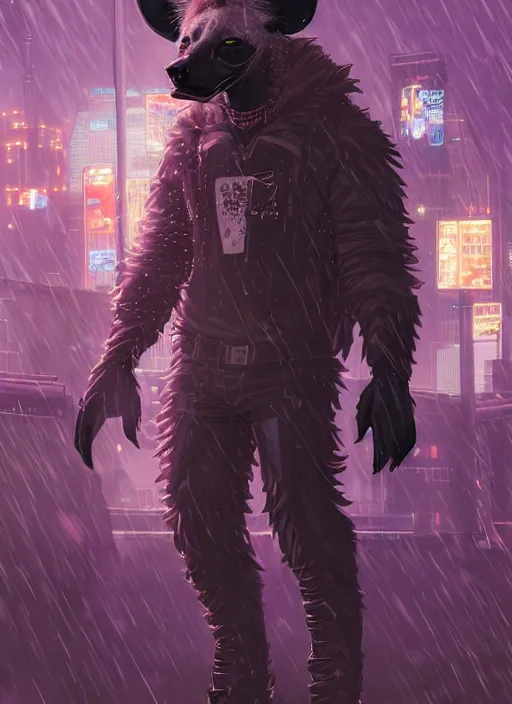 Prompt: character portrait of a male anthro hyena fursona with a tail and a cute beautiful attractive detailed furry face wearing stylish cyberpunk clothes in a cyberpunk city at night while it rains. hidari, color page, tankoban, 4K, tone mapping, Akihiko Yoshida. Nomax, Kenket, Rukis. comic book style, photorealistic, professional lighting, hyperdetailed, high resolution, high quality, dramatic, deviantart, artstation, 4k, real photo