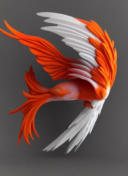 Image similar to white phoenix orange pink salt crystals sharp detail 3d render simple background sharp contrast feathers graphic design fai khadra gaika style