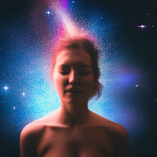 Image similar to a women with half of it's body turning into a cosmic dust, space, award winning photography, hdr, studio lighting medium close shot,