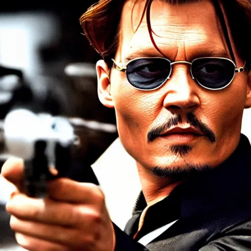 Prompt: johnny depp as James Bond, action scene, cinematic