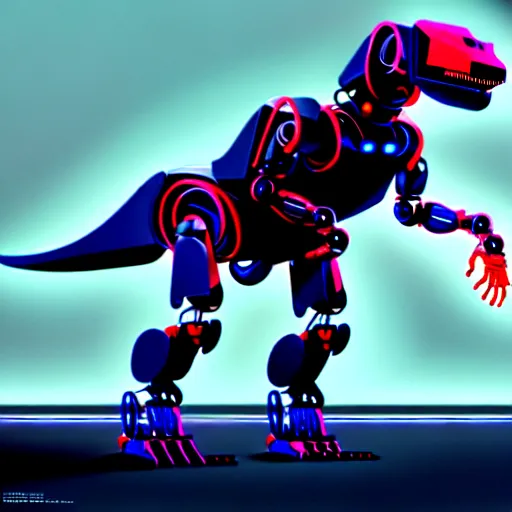 Image similar to an illustration of the full body of a cyberpunk robotic t-rex, we can see 2 legs and 2 extended arms, photorealistic, bokeh, 3D, unreal engine