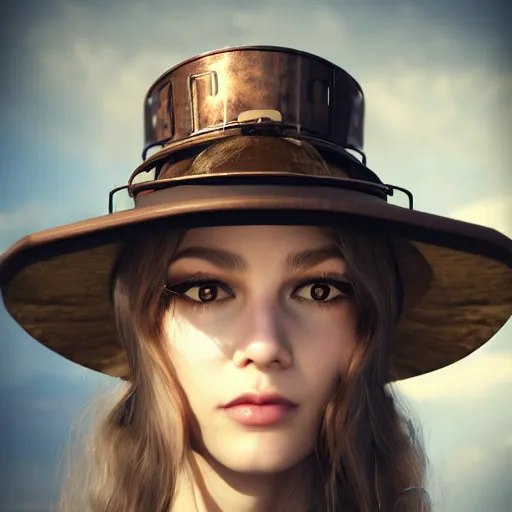 Image similar to a beautiful steampunk woman, long hair, aged 2 5, slovenian, wearing a travel hat, photo realistic, real life, octane render, trending on artstation