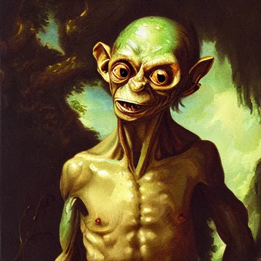 Image similar to a rococo oil painting of gollum