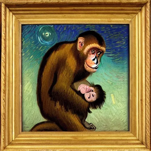 Image similar to a beautiful oil painting of a monkey smiling and hugging a baby human , 8k , award winning , made in 1800's , old , painted by vincent van gogh