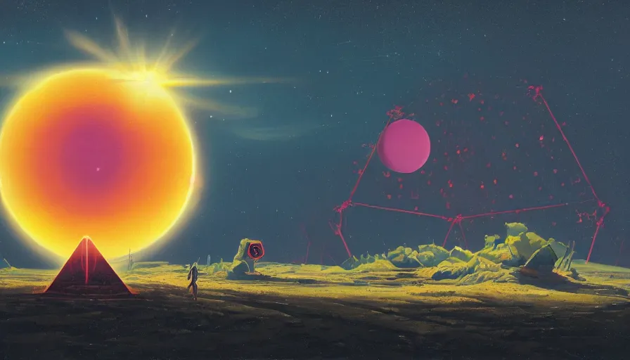 Image similar to hexagon in front of the sun, planet earth in foreground, simon stalenhag