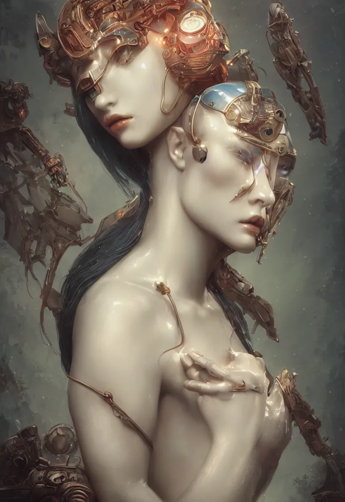 Prompt: portray of beautiful robot girl with porcelain wet glossy skin, look like a 3d model, alive statue, Ivan Bilibin, Ross Tran, Tom Bagshaw