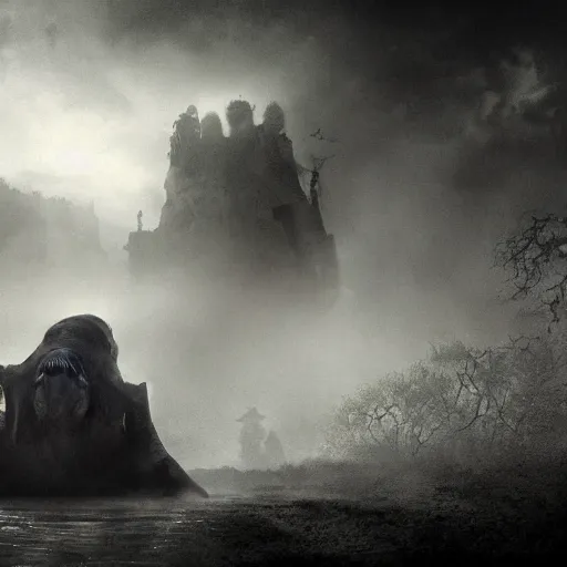 Image similar to haunted skull island, fog, cinematic