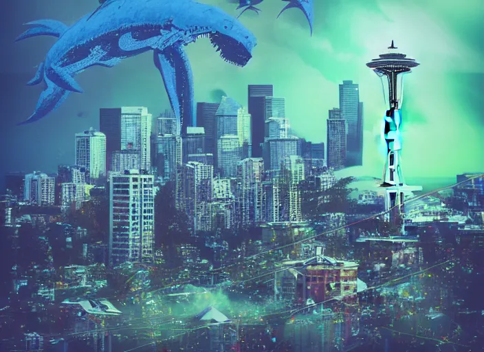 Image similar to seattle being attacked by a sea monster, by beeple