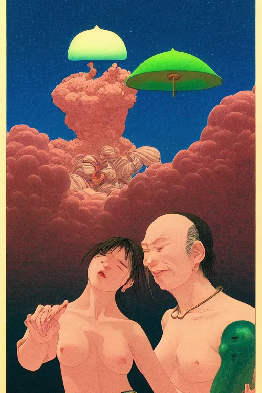 Image similar to close up portrait of a man and woman having fun with lsd and magic mushrooms by kawase hasui, moebius, Edward Hopper and James Gilleard, Zdzislaw Beksinski, Steven Outram, 8k, volumetric lighting, artstation