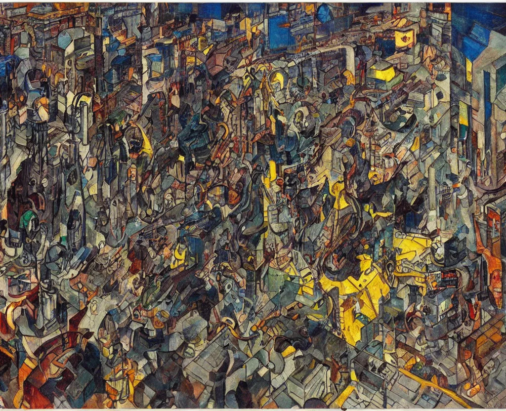 Prompt: an angry mob chasing a giant robot along a glass and steel street as by moebius, george luks, and georges braque, extreme detail, saturated color scheme