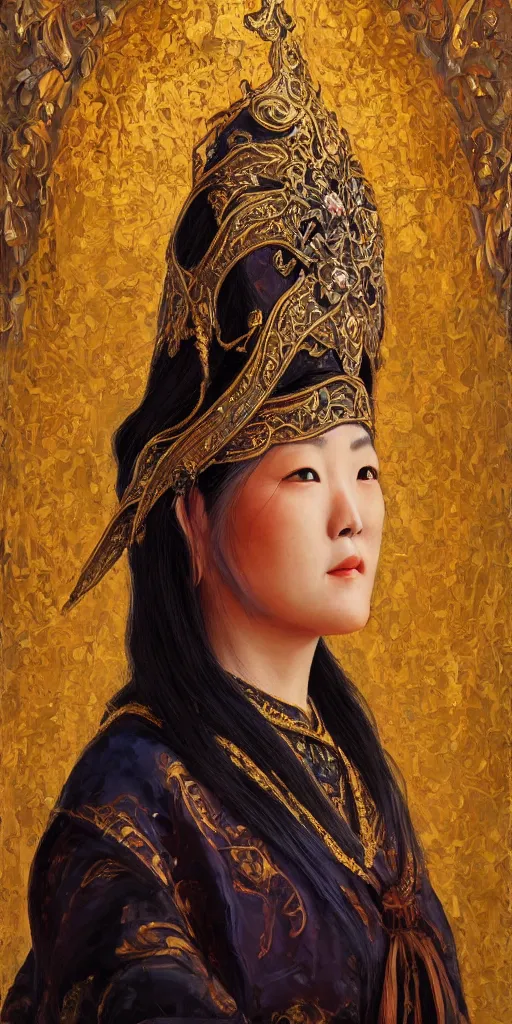 Prompt: Highly detailed and cinematic Art-Nouveau style oil painting of an Mongolian princess face portrait, an oil painting ((masterpiece)) by ((Josep Tapiró Baró)), RPG portrait, dynamic lighting, 8K