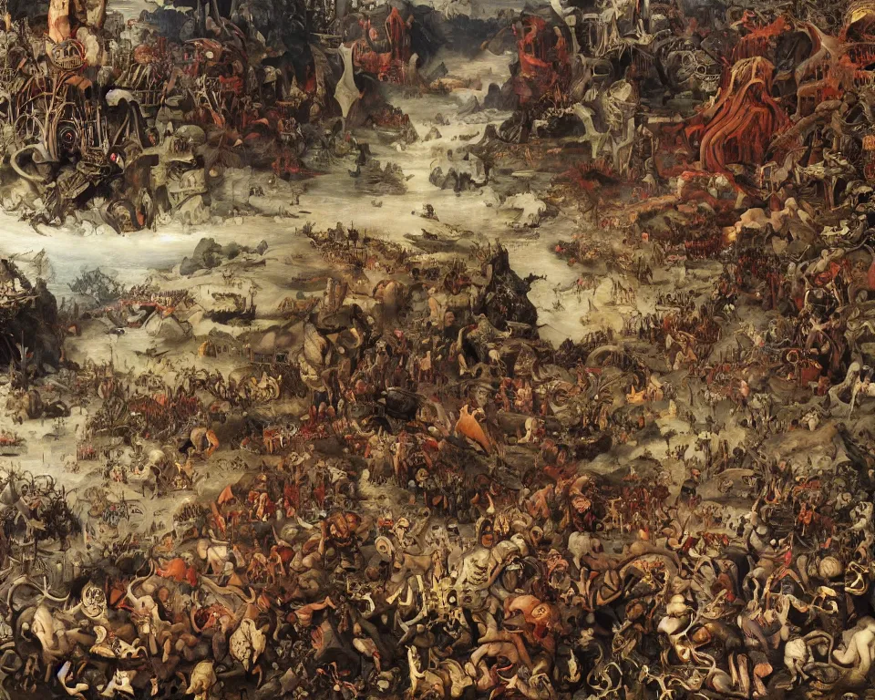 Image similar to doom eternal by jakub rozalski, garden of eternal delights hell by hieronymus bosh, triumph of death by pieter brueghel, doom eternal by hieronymus bosh, sharp focus panorama