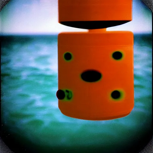 Image similar to tic tac shaped alien vessel hovering over water, real Polaroid photo