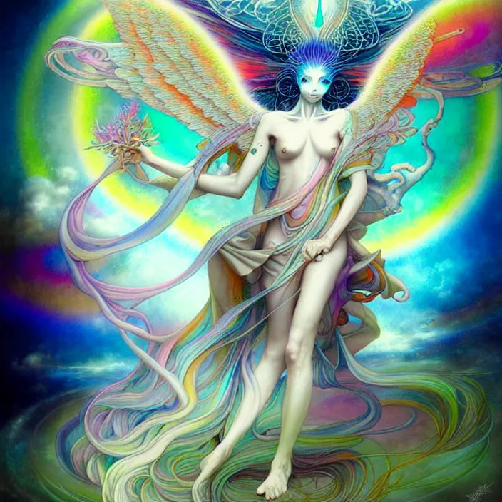 Image similar to psychedelic angelic celestial being by yoshitaka amano, and peter mohrbacher, ayahuasca, sacred geometry, esoteric art, rainbow colors, nature spirits gaia