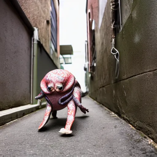 Image similar to fully clothed octopus dog walking down an alley