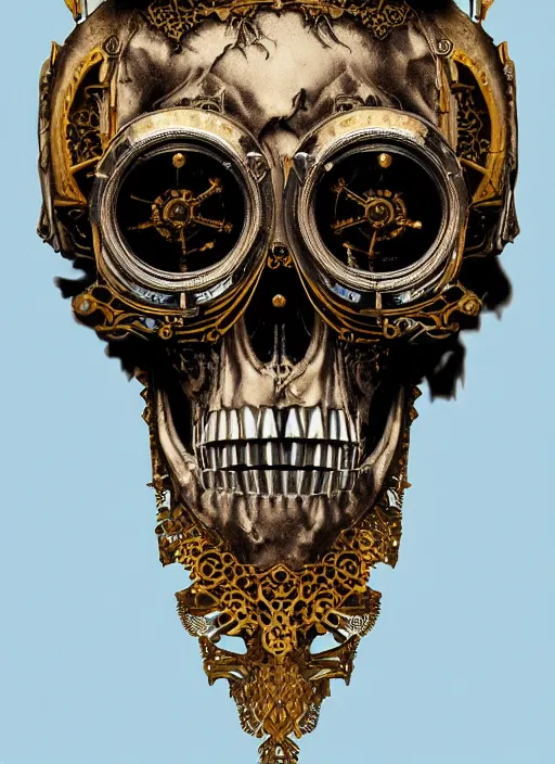 Image similar to 3d render ultra detailed of a skull, art deco, steam punk, intricate gears details, hyperrealistic, ultra detailed, elegant, octane render, blue and gold, 8k, trending on Artstation, unreal engine