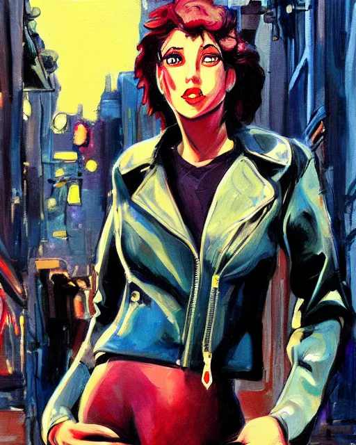 Image similar to young female protagonist in leather jacket, city street, artwork by ralph bakshi