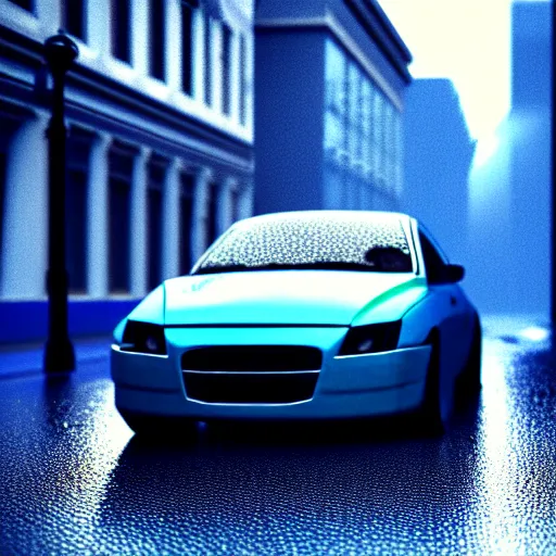 Image similar to blue car, street, rain, sun. super realistic 8 k render of a dark hooded powerful elegant, cinematic composition