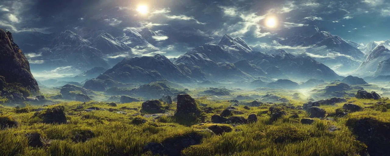 Prompt: ten suns in the sky positioned in the sun path, a magical lush highland landscape in the background with mountains far away, hypermaximalistic, high details, cinematic, 8k resolution, beautiful detailed, insanely intricate details, artstation trending, octane render, unreal engine