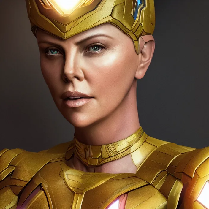 Image similar to portrait of ((Charlize Theron)), wearing The Infinity Gauntlet. SNAP. intricate artwork. octane render, trending on artstation, very coherent symmetrical artwork. thanos. avengers. marvel. cinematic, hyper realism, high detail, octane render, 8k, iridescent accents