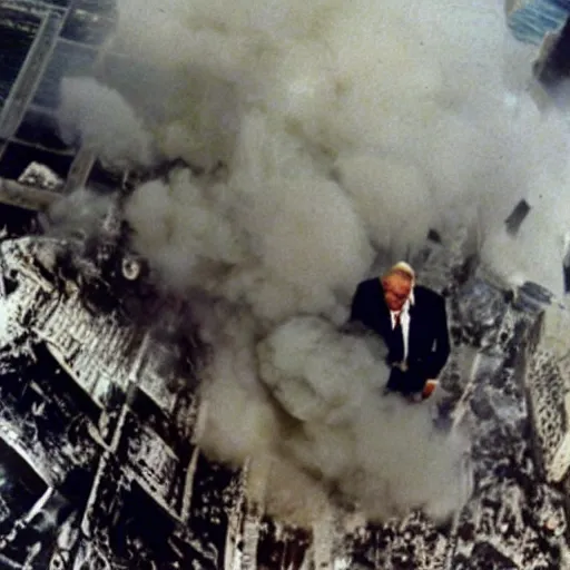 Image similar to color crt surveillence footage hyper detailed focused closeup fish eye lens photograph of Rudy Giuliani laughing hysterically tap dancing on top of the world trade center rubble pile smoking in ny on 9/11/01 september 11th