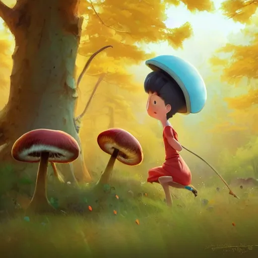 Image similar to goro fujita ilustration a cheerful girl collecting mushrooms in the forest, characterized by masamune shirow and greg rutkowski, character art, focus, highly detailed, artstation