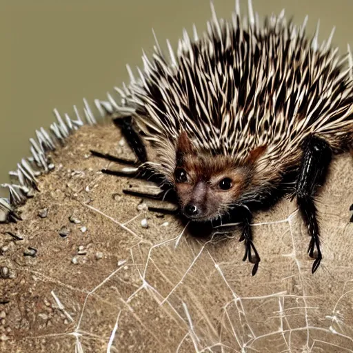 Image similar to spiders, a hedgehog with spiders on its back instead of spikes, spiders, scary, freaky